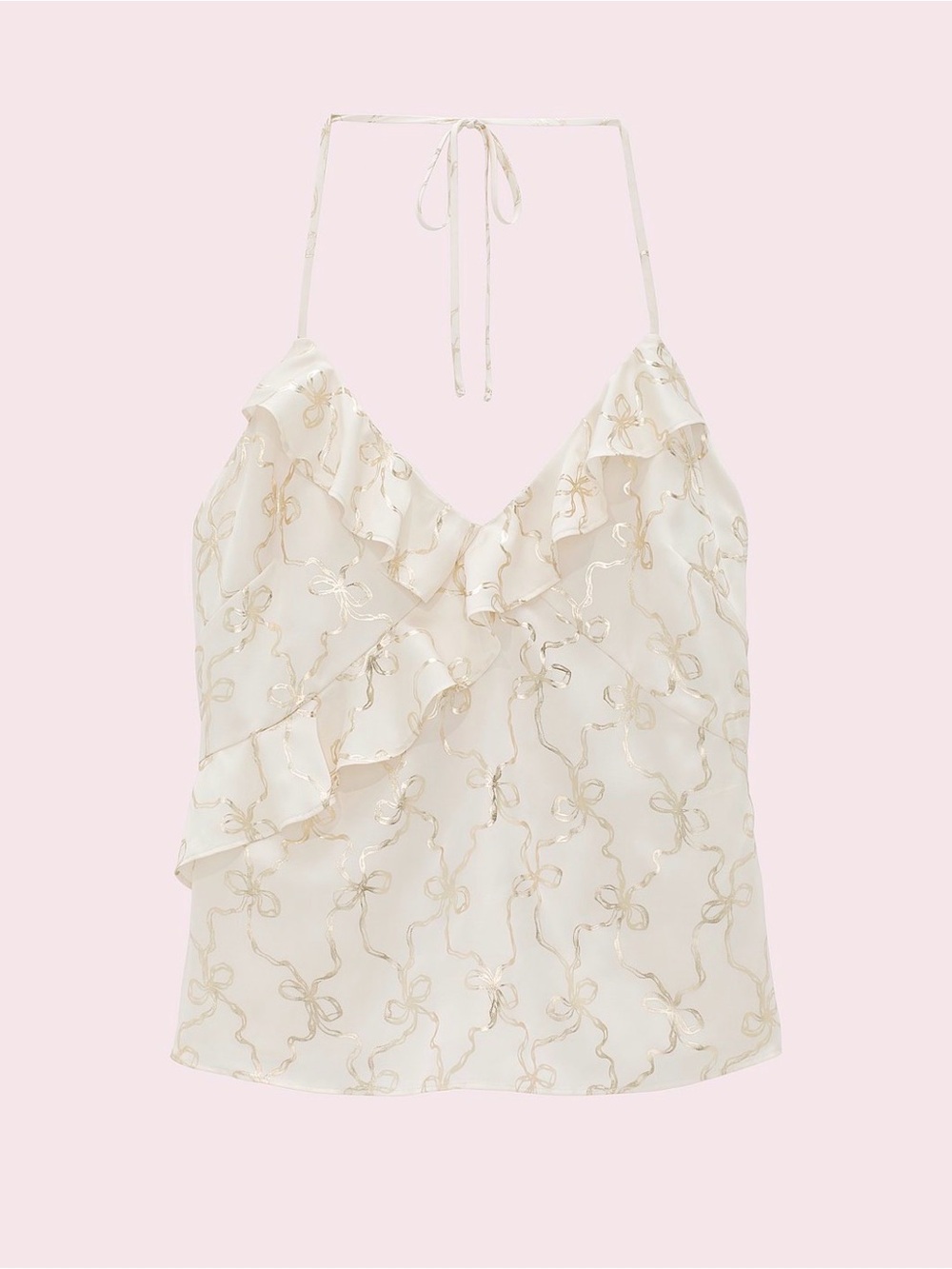 LoveShackFancy Cream Halter Ruffle Camisole with Gold Embroidery